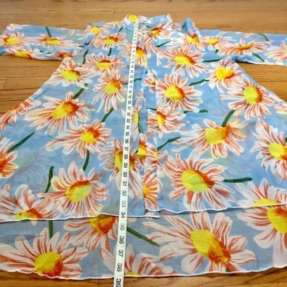 Boho Bold Yellow Daisy Floral Long Duster Kimono M - Picture 5 of 10